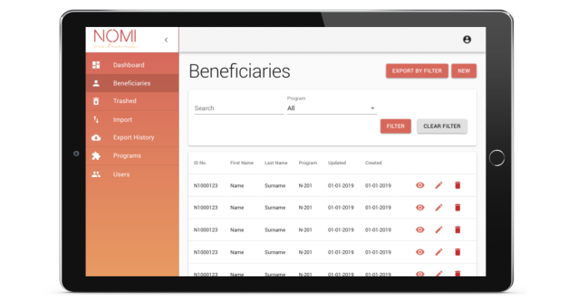 Tablet view of NOMI Beneficiary System